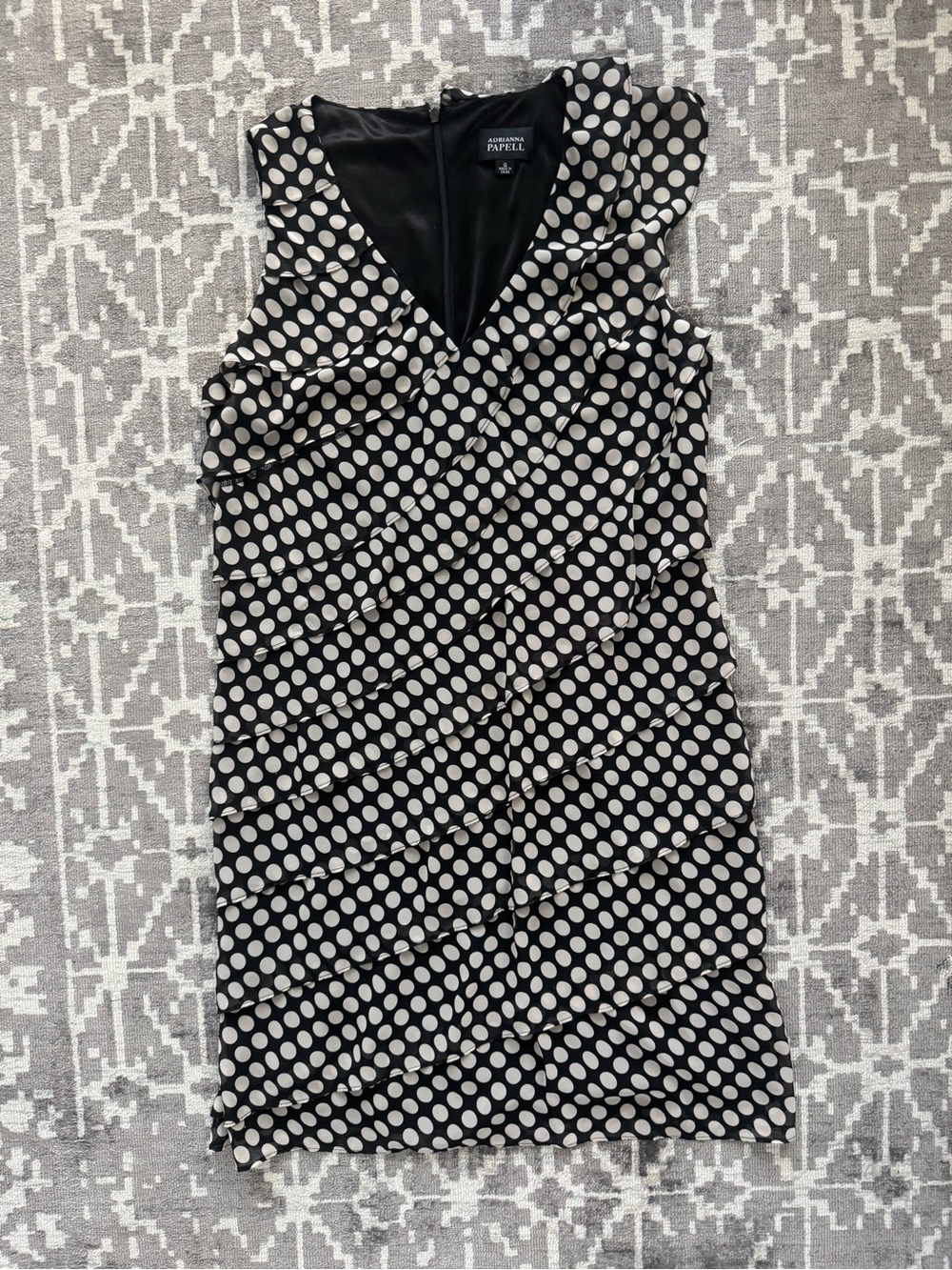 Adrianna Papell Size 12 Black White Polka Dot Ruffle Cocktail Dress